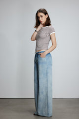 Blue Washed Waist Raw Edge Jeans