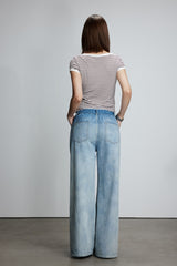 Blue Washed Waist Raw Edge Jeans