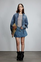 Asymmetric Plaid Collar Washed Denim Jacket