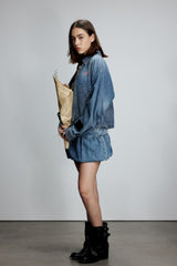 Asymmetric Plaid Collar Washed Denim Jacket