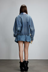 Asymmetric Plaid Collar Washed Denim Jacket