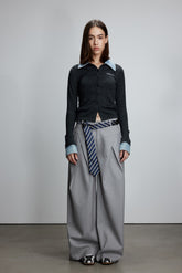 Denim Collar Striped Knit Button-Up Cardigan