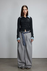 Denim Collar Striped Knit Button-Up Cardigan