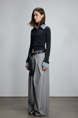 Denim Collar Striped Knit Button-Up Cardigan