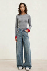 Washed Waistband LOGO Print Versatile Imported Denim Jeans