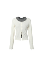 Lace-Trim Mock Two-Piece Contrast Belted Cardigan – Beige