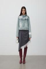 Bow-detailed washed blue denim jacket