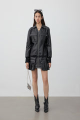 Black cargo-pocket zip-front knit dress