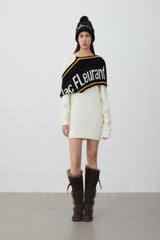 Color-block lapel jacquard logo oversized long knit sweater