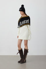 Color-block lapel jacquard logo oversized long knit sweater