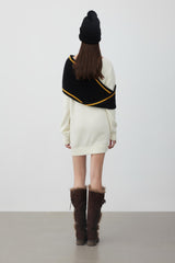 Color-block lapel jacquard logo oversized long knit sweater