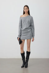 Argyle beaded off-shoulder relaxed knit sweater – Set