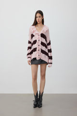 Coffee-pink openwork striped ruffle-edge cardigan