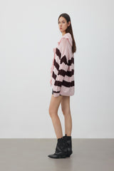 Coffee-pink openwork striped ruffle-edge cardigan