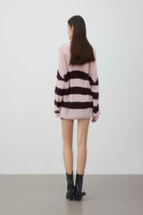 Coffee-pink openwork striped ruffle-edge cardigan