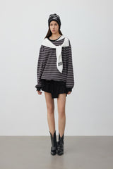 Two-tone wrap-knot striped long-sleeve top