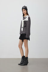 Two-tone wrap-knot striped long-sleeve top