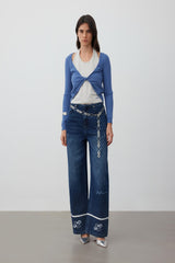Rolled-hem embroidered logo rhinestone non-waistband jeans