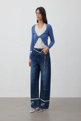 Rolled-hem embroidered logo rhinestone non-waistband jeans