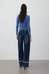 Rolled-hem embroidered logo rhinestone non-waistband jeans