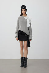Lace bow grey off-shoulder relaxed knit sweater