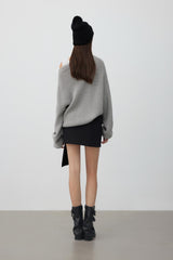 Lace bow grey off-shoulder relaxed knit sweater