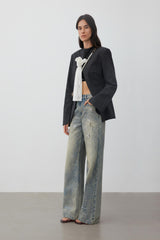 Plaid stand-collar lace twisted blazer