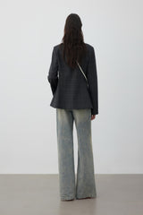 Plaid stand-collar lace twisted blazer