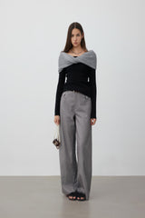 One-shoulder silver-thread spliced black knit top