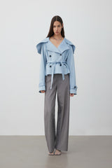 Wide-lapel blue suede tie-waist cropped trench coat
