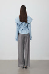 Wide-lapel blue suede tie-waist cropped trench coat