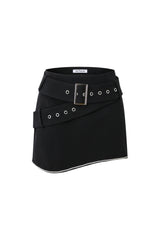 Black Curved Hem Rhinestone Belted Mini Skirt
