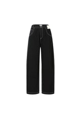 Topstitch Embroidered Logo Curved Hem Black Jeans