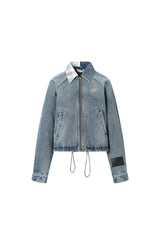 Asymmetric Plaid Collar Washed Denim Jacket