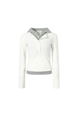 White Knit Panel False Two-Piece Striped Hooded Top