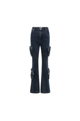 Blue Washed Flared Cargo Pocket Denim Jeans