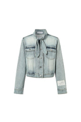 Bow-detailed washed blue denim jacket