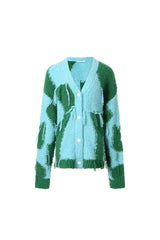 Blue & Green Color Block Fringe Cardigan