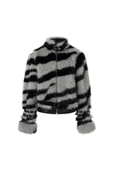 Black & Grey Zebra Print Stand Collar Jacket