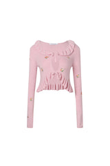 Ruffle Embroidered Floral Pink Lace-Up Cardigan