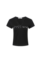 Black Zebra Rhinestone V-Neck Tee