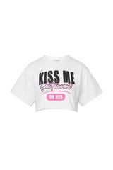 White 'KISS ME' Logo Print Crop Tee