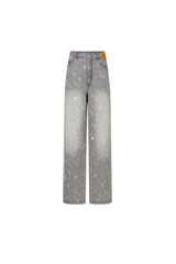 Washed Grey Bullet Hole Straight Leg Patch Jeans