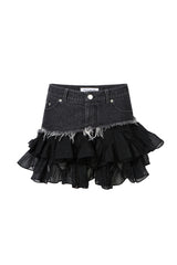 Black Denim Panel Pleated Tulle Skirt