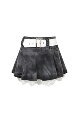 Belted Washed False Two-Piece Pleated Mini Skirt