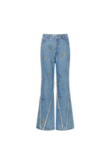 Blue Floral Print Raw Edge Jeans