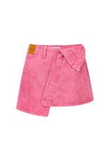 Pink Asymmetric Belted Denim Mini Skirt