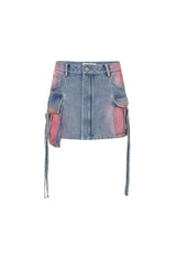 Blue Washed Tie-Detail Pocket Denim Mini Skirt