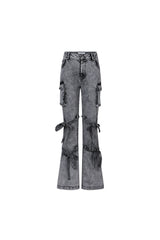 Washed Grey Tie-Detail Pocket Jeans