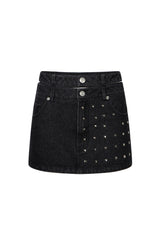 Asymmetric Cutout Rivet Denim Mini Skirt